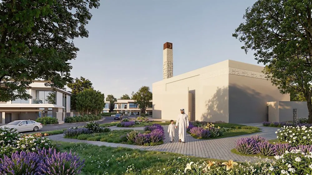 Community mosque among landscaped gardens