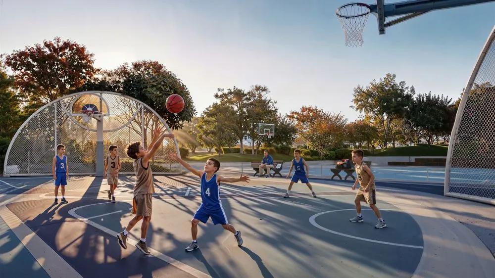 Children playing on a basketball court